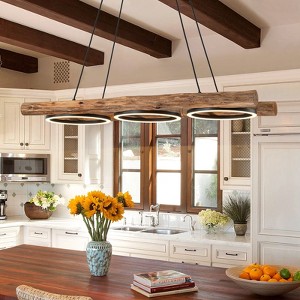 LLHZSY Rustic Wooden Dimmable Integrated LED Linear Pendant Chandelier Adjustable Kitchen Island Lights - W 43 3/10" - 1 of 4