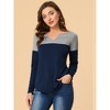 Allegra K Women's Casual Color Block Stretch Long Sleeves Split V-Neck T-Shirt - 2 of 4