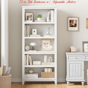Living Room 71 in Tall Bookcase w/Adjustable Shelves & 31.5 in Width, 5 Tier Farmhouse Bookshelf w/ Wooden Legs, Rustic Vintage Book Shelf - 1 of 4