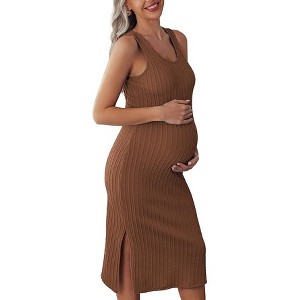 Ekouaer Women's Maternity Dress Rib Knit Sleeveless Tank Side Slit Bodycon Dresses Pregnancy Clothes - 1 of 2