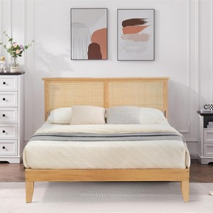 Acekool Twin Rattan Bed Frame, Boho Platform Bed with Natural Rattan Headboard & Underbed Storage, No Box Spring Needed - 1 of 4