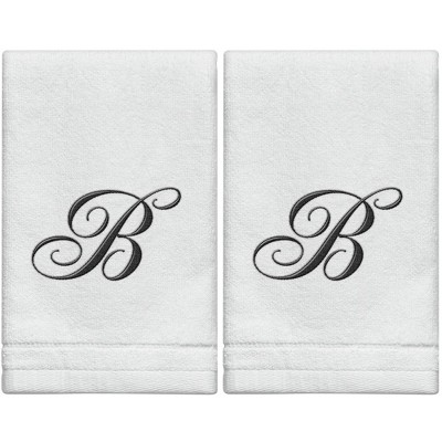 Creative Scents Set of 2 White Fingertip Monogrammed Towels, Black Embroidered