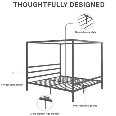 King Size Gunmetal Gray Metal Canopy Bed with Headboard