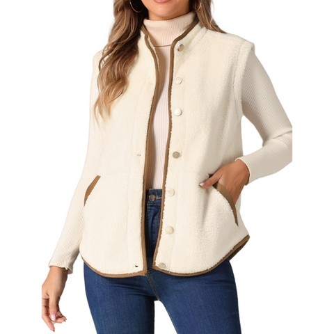 INSPIRE CHIC Women's Fleece Contrast Color Button Down Sleeveless Fuzzy Jacket Vest with Pockets Large Apricot Brown