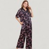Anna-Kaci Lounge Women's Satin Button-Up Pajama Set with Short Sleeve Notch Collar Top and Wide Leg Pants in Ribbon Print - 3 of 4