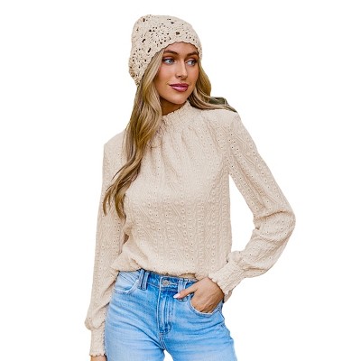 Women's Beige Mockneck Eyelet Knit Poet Sleeve Blouse- Cupshe