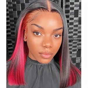 Labhairs 13x4 Transparent Lace Front Wig, Human Hair Straight Bob, Blunt Cut with Black Red Highlights, 150% Density, Glueless, Pre-Plucked Knots - 1 of 4