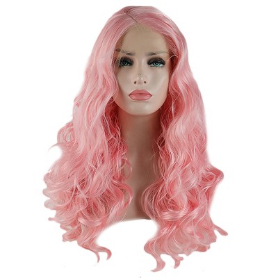 Unique Bargains Women's Long Body Wave Lace Front Wigs with Wig Cap 24" Bright Pink Synthetic Fibre 1PC