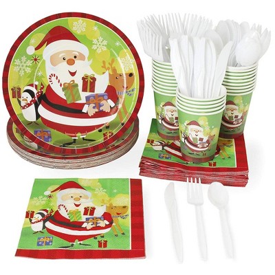 Juvale Serves 24 Santa Claus Christmas Party Supplies, 144PCS Plates Napkins Cups Knives Spoons Forks Favors Decorations Disposable Paper Set