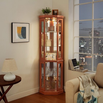 Vynxaria Lighted Corner Curio Cabinet, Elegant Design, Dark Oak Finish, 69.84" H