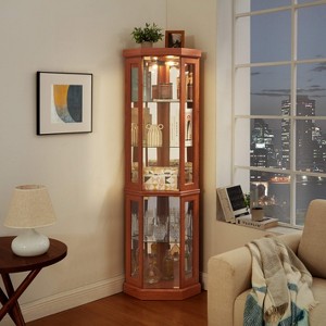 Vynxaria Lighted Corner Curio Cabinet, Elegant Design, Dark Oak Finish, 69.84" H - 1 of 4
