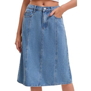 INSPIRE CHIC Women's Denim Elastic Back High Waist Casual Knee Length A Line Jean Skirts - 1 of 4