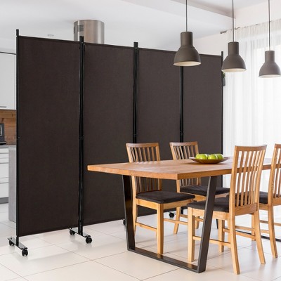 Brown Metal and Polyester 4-Panel Folding Room Divider with Wheels