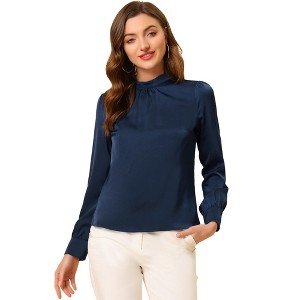 Allegra K Women's Satin Puff Sleeve Stand Collar Work Top - 1 of 4