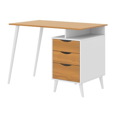 Wooden Office Computer Desk with Angled Legs and Attached File Cabinet White/Brown - The Urban Port