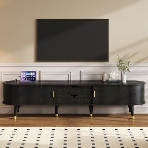 Angel Sar 75'' Modern Fluted TV Stand with Charging Station, Oval Media Console with Golden Handles, Sliding Tambour Doors & Storage Drawers, Black - 1 of 4