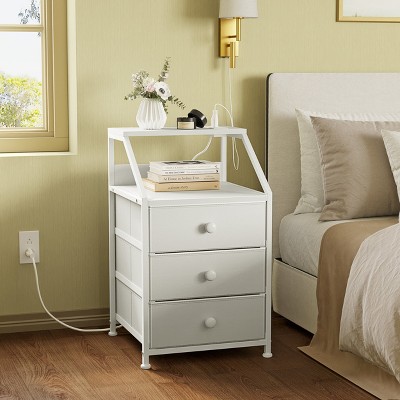 WOWLIVE Nightstands with 3 Drawers & Outlets, Bedside Tables with 2 USB Ports & 2-Tier Open Shelf