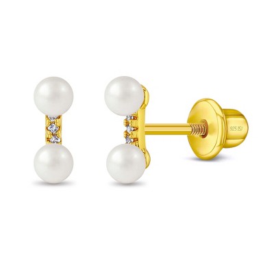 Girls' Pearl Bar Screw Back Gold Plated Sterling Silver Earrings - In Season Jewelry