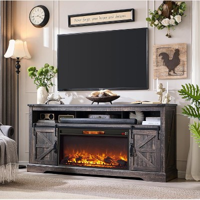 SinCiDo Fireplace TV Stand for 75" TV  w/ Fireplace & Sliding Barn Door, w/ Remote Control, 3D Flame, Fire Place TV Stands for Living Room
