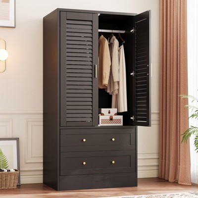 65 Inch Tall Wardrobe Closet, Farmhouse Armoire Wardrobe Closet with Shutter Doors & Drawers, Wooden Clothes Organizer Cabinet for Bedroom Apartment