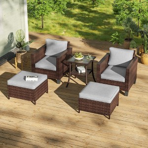 Sonkuki 5 Pieces PE Rattan Furniture Set with Side Table, Patio Chair with Washable Cushion, Ottomans for Balcony, Porch and Yard - 1 of 4