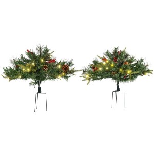Angel Sar 2-Pack 2ft Prelit Artificial Christmas Trees, Cordless LED Tabletop Trees with Red Berries & Pine Cones, Green - 1 of 4