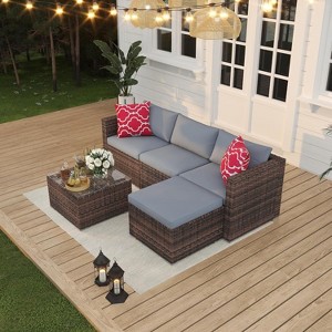 Acekool 5-Piece Outdoor Patio Furniture Set – All-Weather Wicker Sectional Sofa with Glass Coffee Table and Soft Removable Cushions - 1 of 4