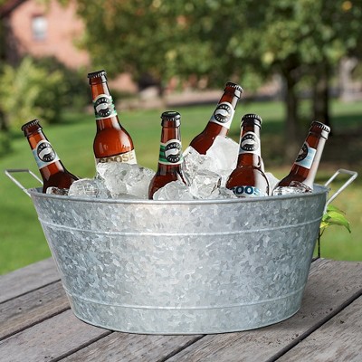 Embossed Design Oval Shape Galvanized Steel Tub With Side Handles Lightweight Storage Tub For Beverages Beer Bottles Planters Decor
