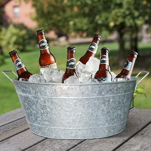 Embossed Design Oval Shape Galvanized Steel Tub With Side Handles Lightweight Storage Tub For Beverages Beer Bottles Planters Decor - 1 of 4