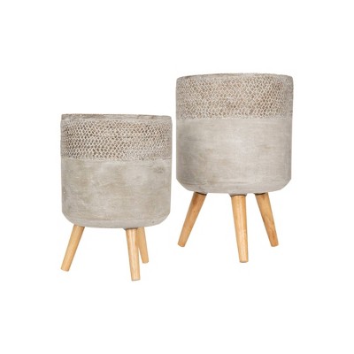 2pc Cement Planter with Removable Wood Legs Gray - 3R Studios