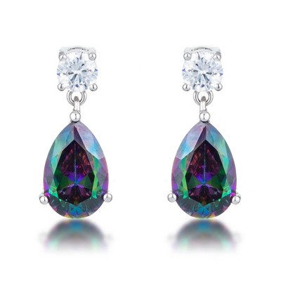ShineHigh 9.9 Ct Rhodium-Plated Mystic Iridescent CZ Teardrop Earrings – Prong-Set Statement Design with Round Accent Stone