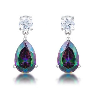 ShineHigh 9.9 Ct Rhodium-Plated Mystic Iridescent CZ Teardrop Earrings – Prong-Set Statement Design with Round Accent Stone - 1 of 1