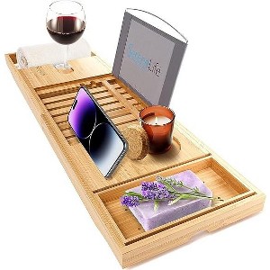SereneLife Luxury Bamboo Bathtub Caddy - Adjustable Natural Wood with Glass Holder - 1 of 4
