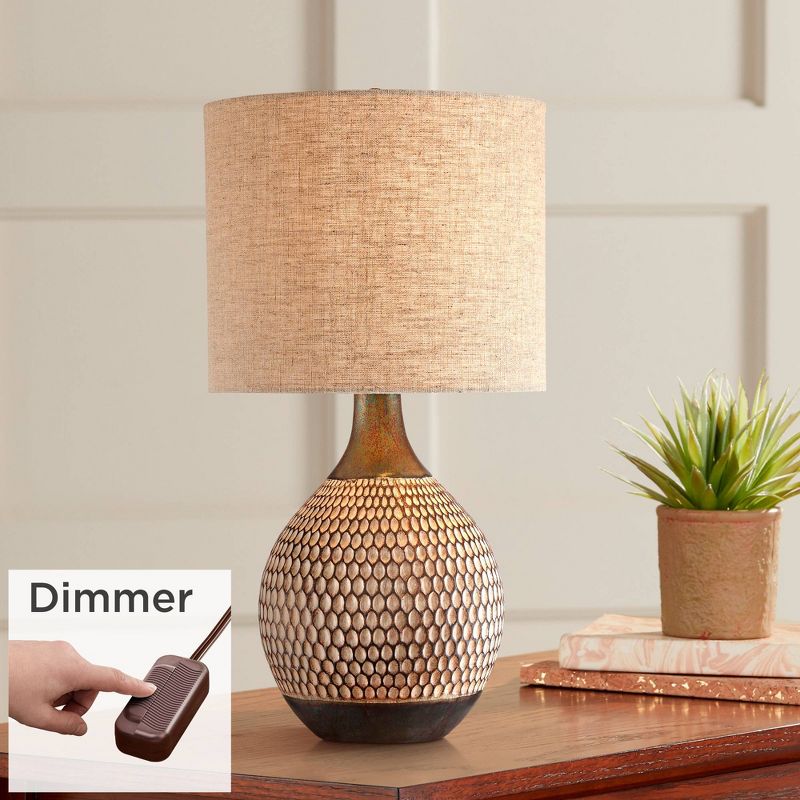 360 Lighting Emma Modern Mid Century Accent Table Lamp 21" High Wood Brown Ceramic with Table Top Dimmer Oatmeal Drum Shade for Bedroom Living Room, 2 of 10