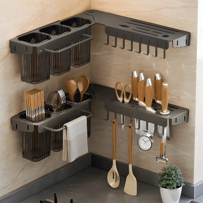 LunaLulinlk Kitchen Utensil Rack with Hooks, Wall Mounted Hanging Storage Wall Shelf for Spatula Spoon Cookware Cutlery Holder, Charcoal Gray
