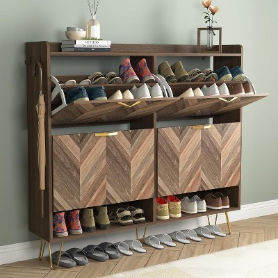 CIPACHO Mid Century Modern 4-Flip Drawer Shoe Cabinet with Bottom Cubby 2 Hooks Freestanding Narrow for Entryway Foyer Hallway