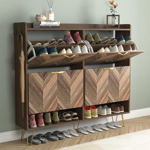 CIPACHO Mid Century Modern 4-Flip Drawer Shoe Cabinet with Bottom Cubby 2 Hooks Freestanding Narrow for Entryway Foyer Hallway - 1 of 4