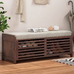 PAGED Retro Storage Bench with Sliding Door, Classic Shutter Ottoman with Storage, Shoe Bench with Cushion & Adjustable Shelf, Entryway Bench - 1 of 4