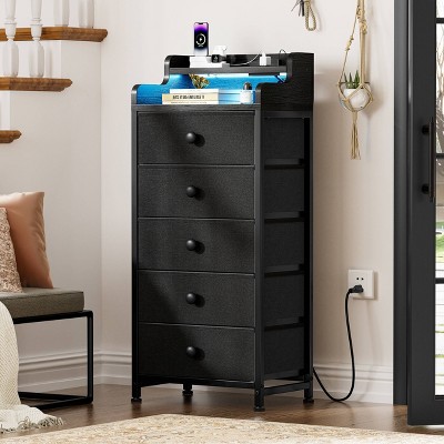 WOWLIVE 5 Drawer Dresser With 2-Tier Open Shelf, Dresser With Power Outlet & LED