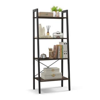 Tangkula 4-Tier Ladder Bookshelf Industrial Wooden Bookcase with Metal Frame Anti-Toppling Device Rack Rustic Brown/Gray Oak