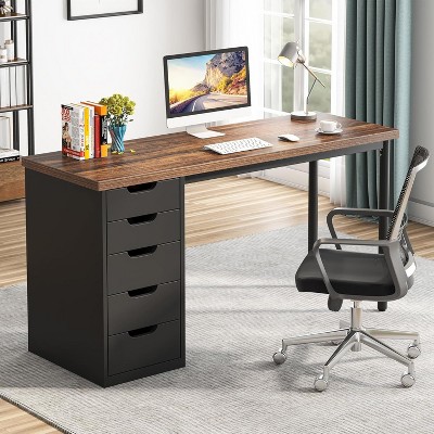 PAGED Computer Desk with 5 Drawers, 47 Inches Rustic Office Desk with Reversible Cabinet Design for Living Room