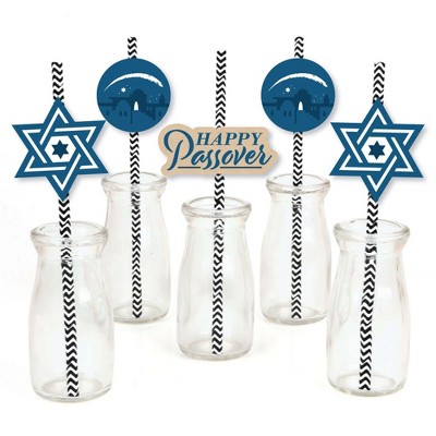 Big Dot of Happiness Happy Passover - Paper Straw Decor - Pesach Party Striped Decorative Straws - Set of 24