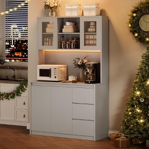 71" Tall Kitchen Pantry Cabinet with LED Lights & Power Outlets, Microwave Stand with Glass Door, Adjustable Shelves, 3 Drawers, Handless Design - 1 of 4