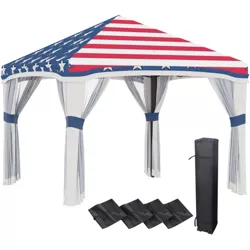 Outsunny 10' x 10' Pop Up Canopy with Nettings, Foldable Party Tent with Wheeled Carry Bag and 4 Sand Bags, American Flag
