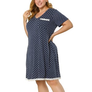 Agnes Orinda Women's Plus Size Pajamas Knit Lace Trim Polka Dots Short Sleeve Nightgowns - 1 of 4