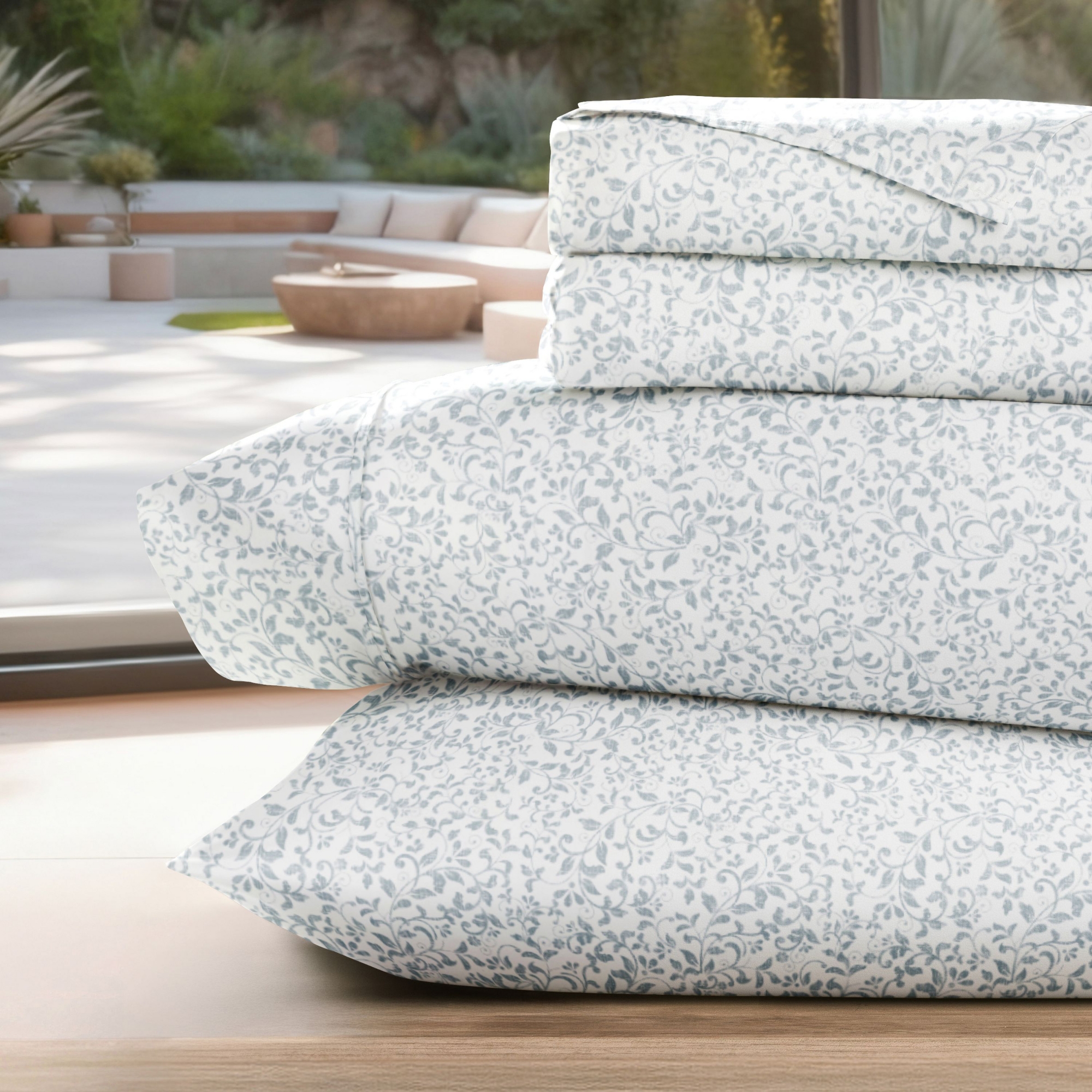 Delicate Blossoms Floral Patterned Ultra-Soft 4 Piece Bed Sheet Set - Becky Cameron, Distressed Vine Dusty Blue, King