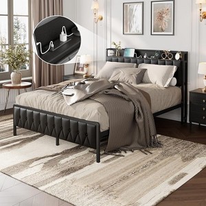 Upholstered Platform Bed Frame with Headboard, Sturdy Metal Frame and Soft PU Fabric, Noise-Free Easy Assembly - 1 of 4