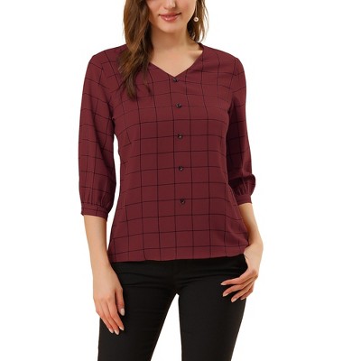 INSPIRE CHIC Women's V Neck 3/4 Sleeves Ligthweight Check Plaid Blouses