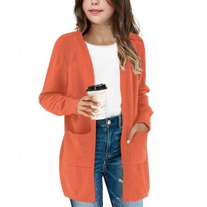 BLUEMING Girls Solid Color Knit Cardigan Long Sleeve Button Front Sweater with Pockets Adorable Loose Fit Kids Outerwear - 1 of 2