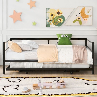 PAGED Twin Size Daybed Modern Metal Bed Frame with Adjustable Trundle and LED for Bedroom, Living